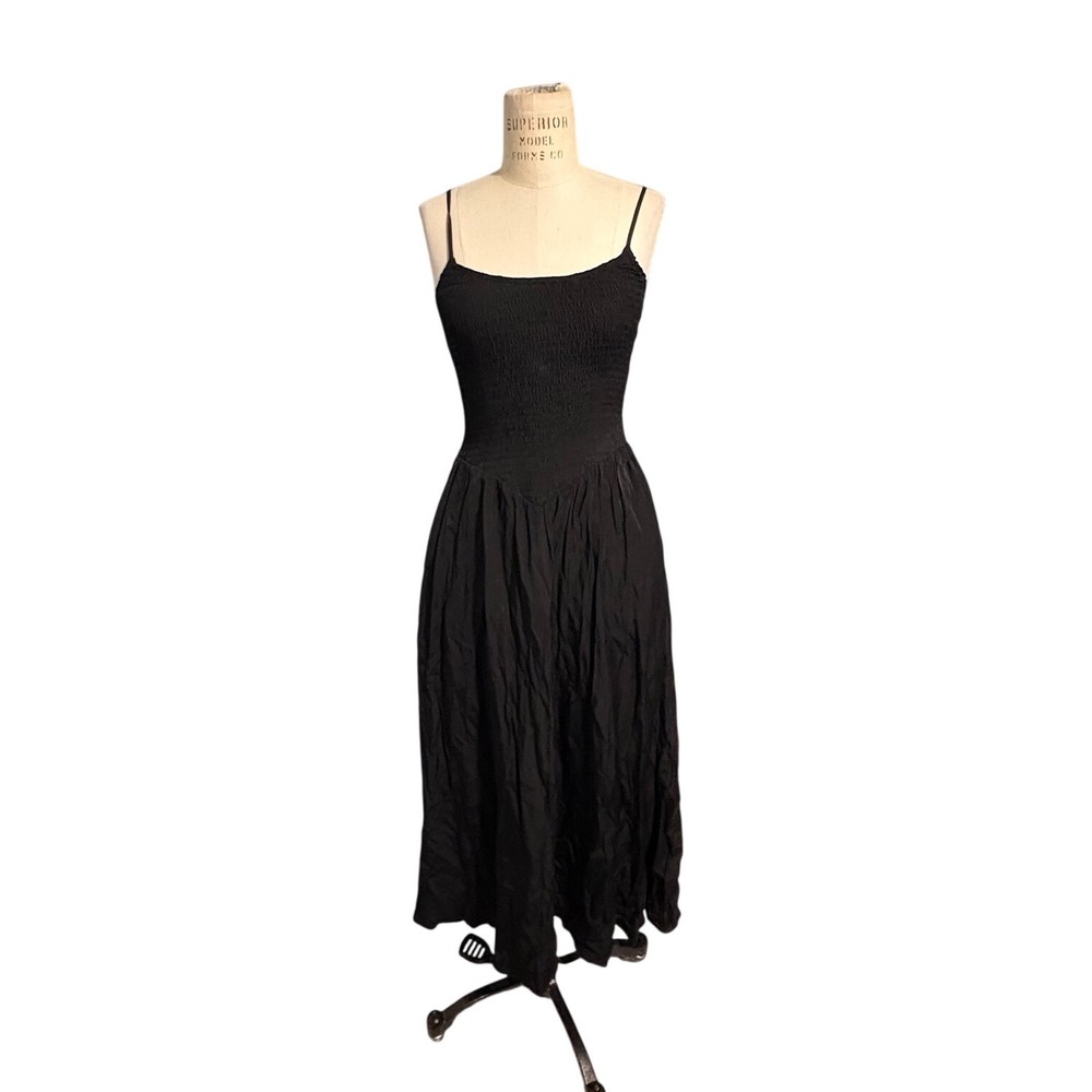 And Now This Womens Black Smocked Midi Dress Adjustable Straps LBD Size XS Goth